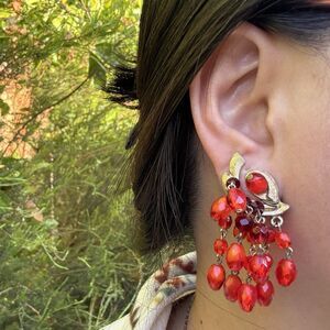 Vintage Red Glass Chandelier Clip On Earrings Statement Dangle Fringe